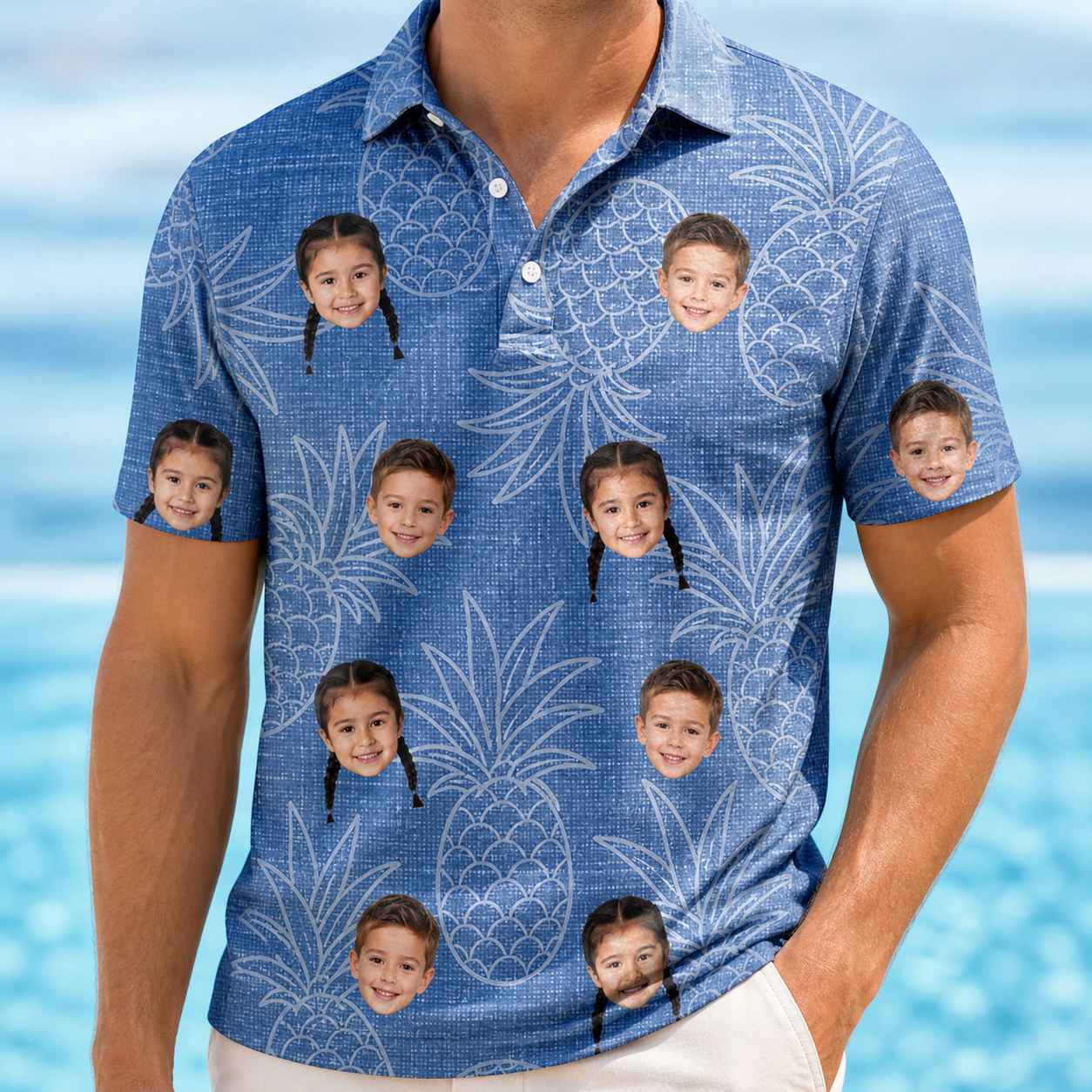 Model wearing Men's Golden Gush Custom Face Polo Shirt printed with kids' faces