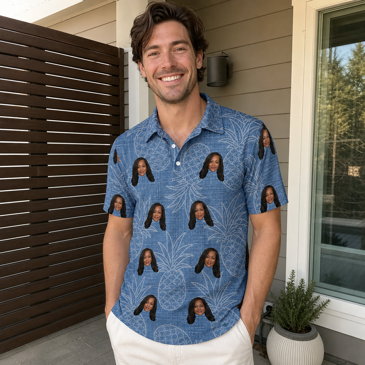 Real-life photo of someone wearing Men's Golden Gush Custom Face Polo Shirt — custom faces printed all-over