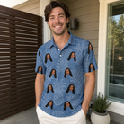 Real-life photo of someone wearing Men's Golden Gush Custom Face Polo Shirt — custom faces printed all-over