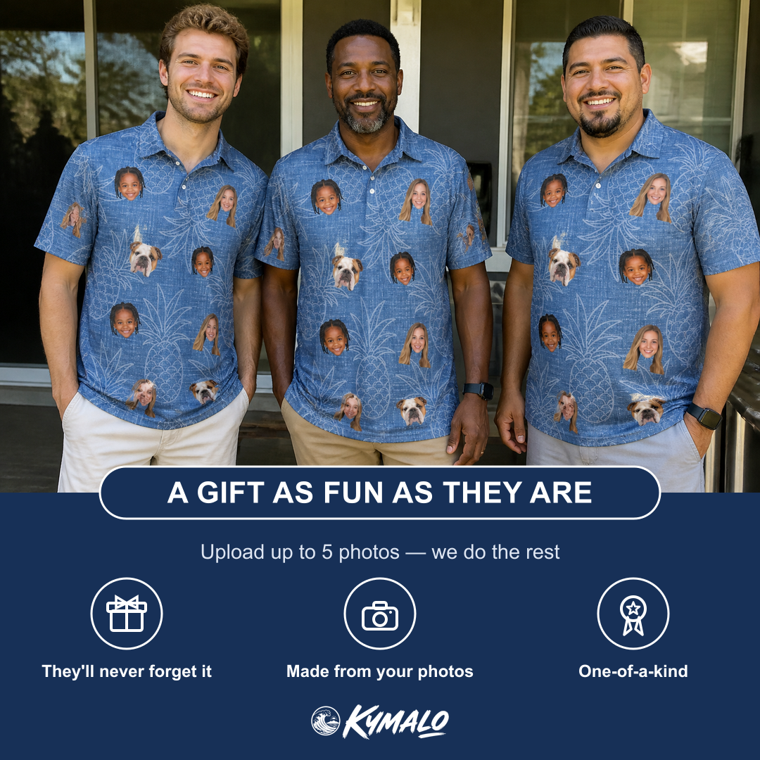 Friends in matching Men's Golden Gush Custom Face Polo Shirt — a group gift photo