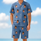 Model wearing Men's Golden Gush Custom Face Shirt & Shorts Set printed with kids' faces