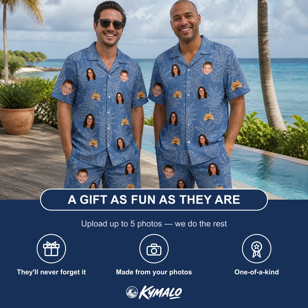 Friends in matching Men's Golden Gush Custom Face Shirt & Shorts Set — a group gift photo
