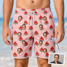 Man wearing Men's Watermelon Whimsy Custom Face Beach Shorts — custom faces printed all-over