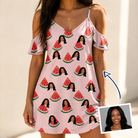 Woman wearing Women's Watermelon Whimsy Custom Face Off-Shoulder Dress — custom faces printed all-over