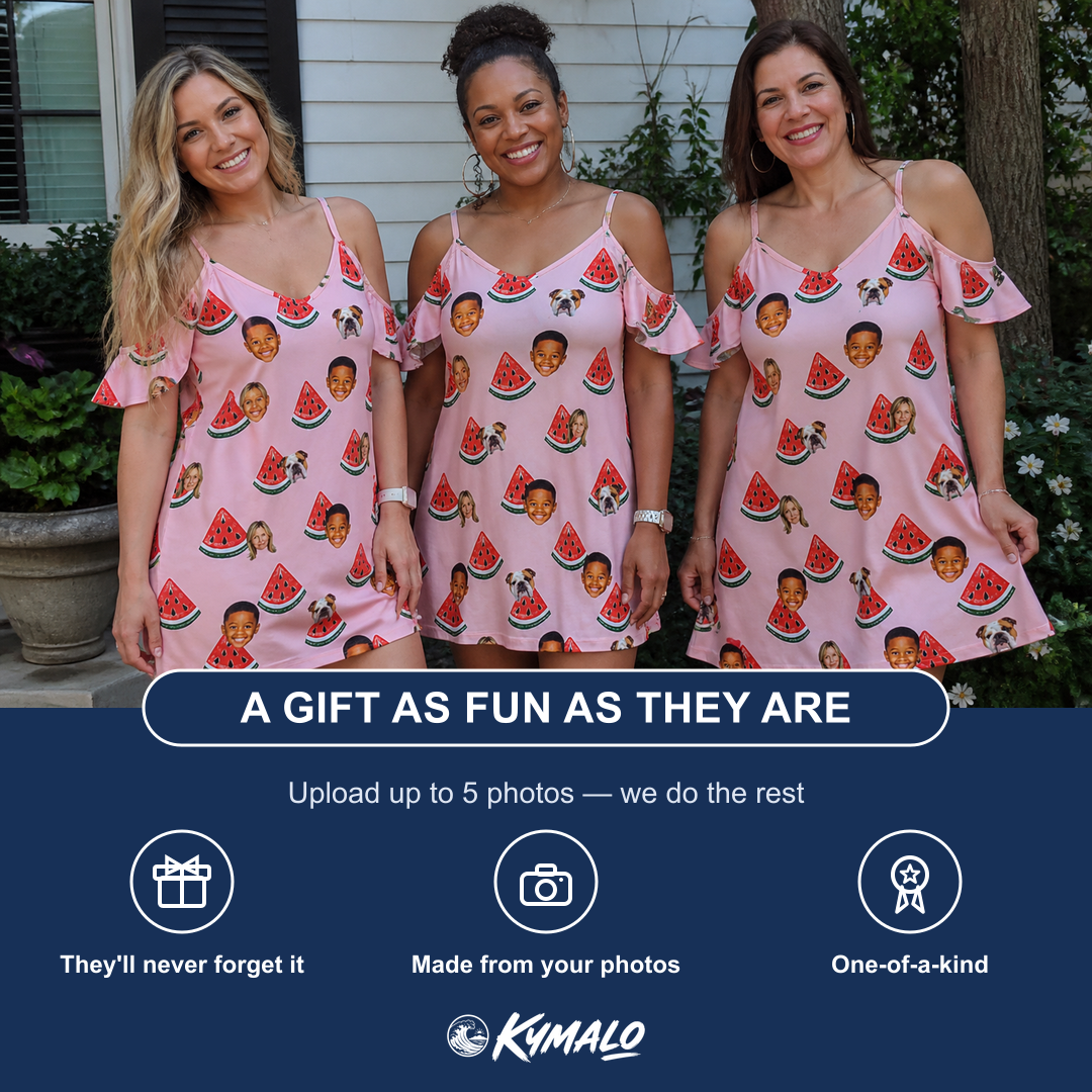 Friends in matching Women's Watermelon Whimsy Custom Face Off-Shoulder Dress — a group gift photo