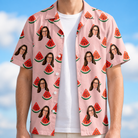 Man wearing Men's Watermelon Whimsy Custom Face Hawaiian Shirt open over a white tee