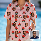 Woman wearing Women's Watermelon Whimsy Custom Face Hawaiian Shirt — custom faces printed all-over