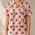Model wearing Women's Watermelon Whimsy Custom Face Hawaiian Shirt printed with kids' faces