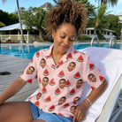 Real-life photo of someone wearing Women's Watermelon Whimsy Custom Face Hawaiian Shirt — custom faces printed all-over