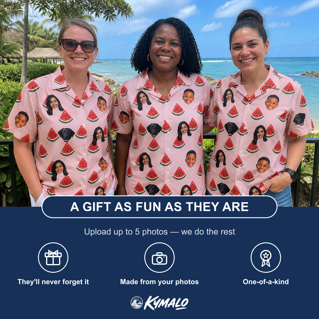 Friends in matching Women's Watermelon Whimsy Custom Face Hawaiian Shirt — a group gift photo