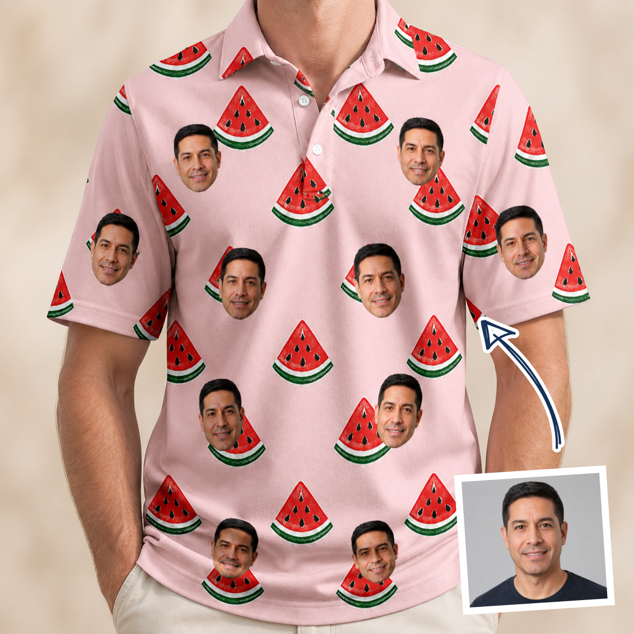 Man wearing Men's Watermelon Whimsy Custom Face Polo Shirt — custom faces printed all-over