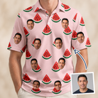 Man wearing Men's Watermelon Whimsy Custom Face Polo Shirt — custom faces printed all-over