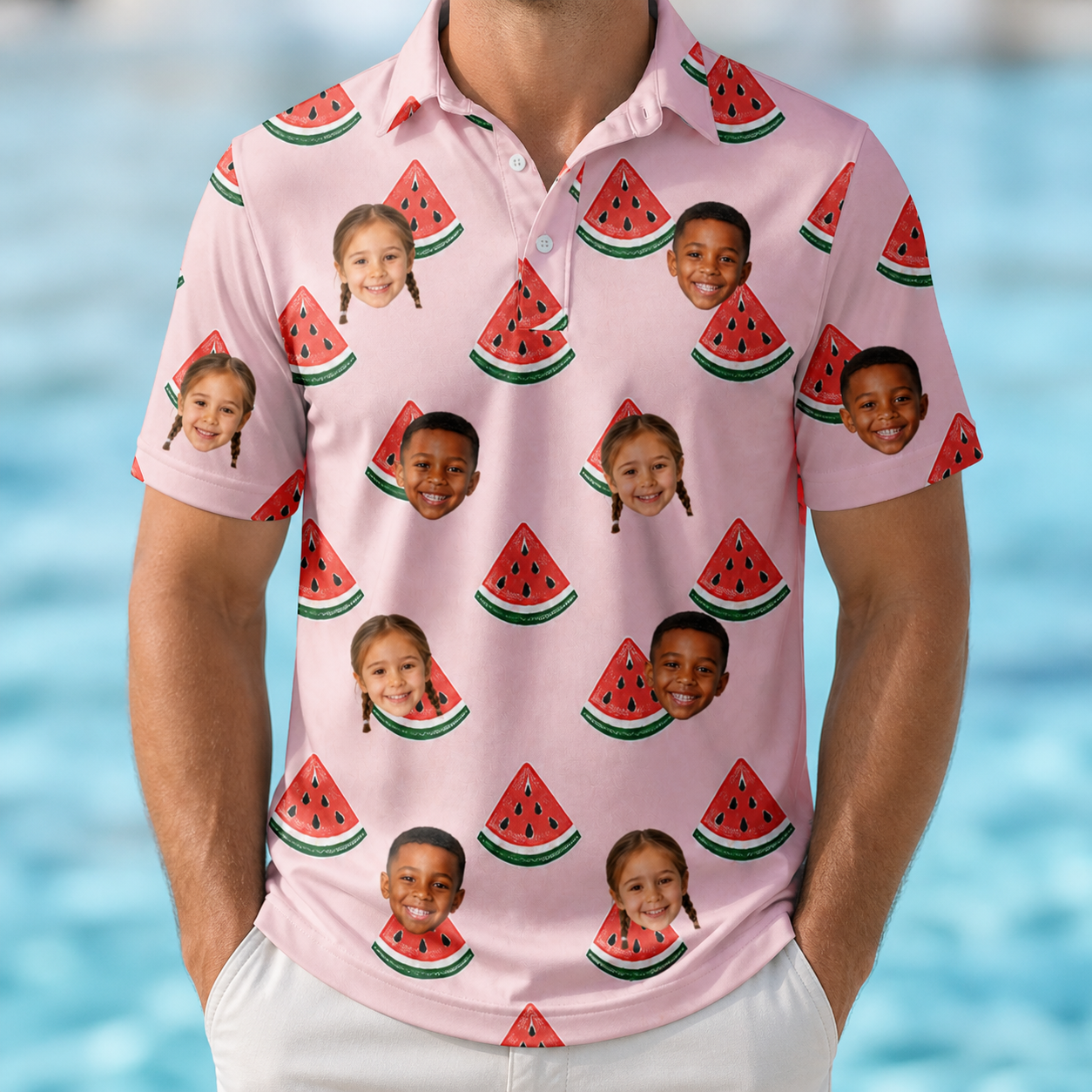Model wearing Men's Watermelon Whimsy Custom Face Polo Shirt printed with kids' faces