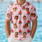Model wearing Men's Watermelon Whimsy Custom Face Polo Shirt printed with kids' faces