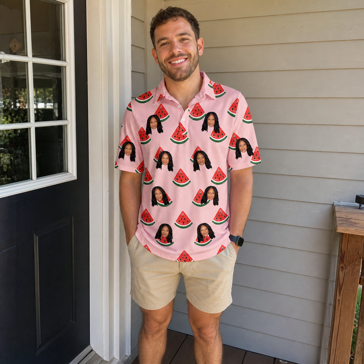 Real-life photo of someone wearing Men's Watermelon Whimsy Custom Face Polo Shirt — custom faces printed all-over