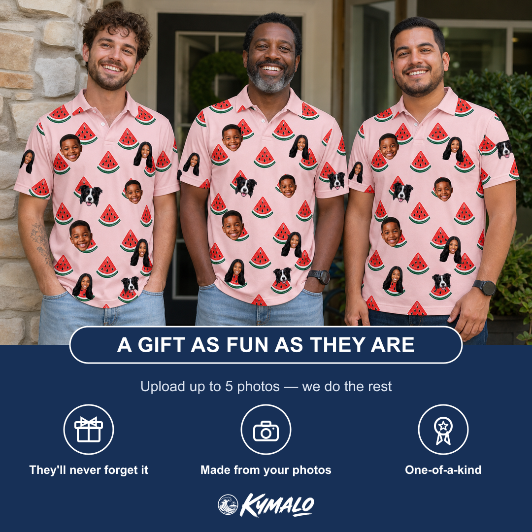 Friends in matching Men's Watermelon Whimsy Custom Face Polo Shirt — a group gift photo