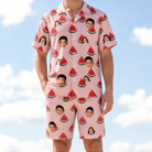 Model wearing Men's Watermelon Whimsy Custom Face Shirt & Shorts Set printed with kids' faces