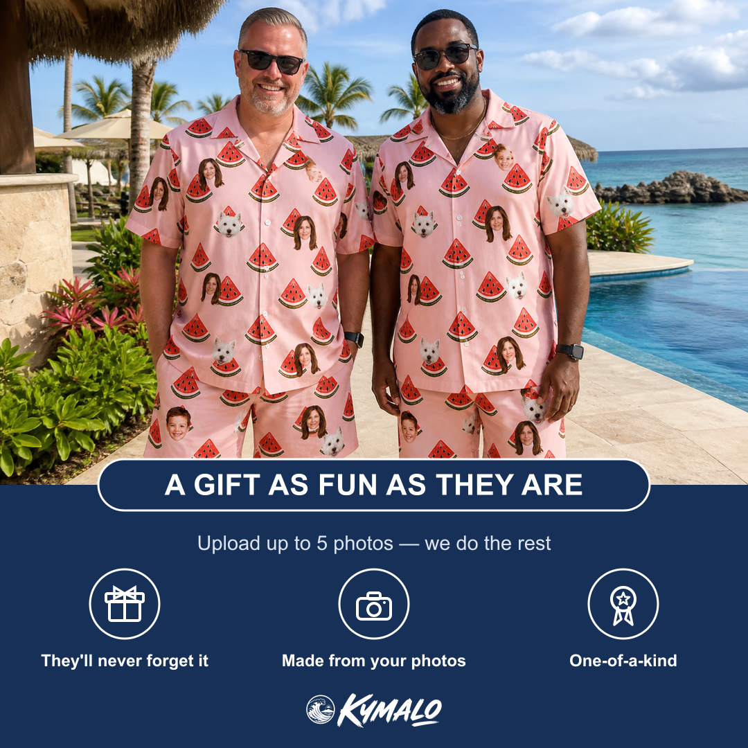 Friends in matching Men's Watermelon Whimsy Custom Face Shirt & Shorts Set — a group gift photo
