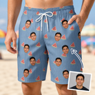 Man wearing Men's Melon Mosaic Custom Face Beach Shorts — custom faces printed all-over