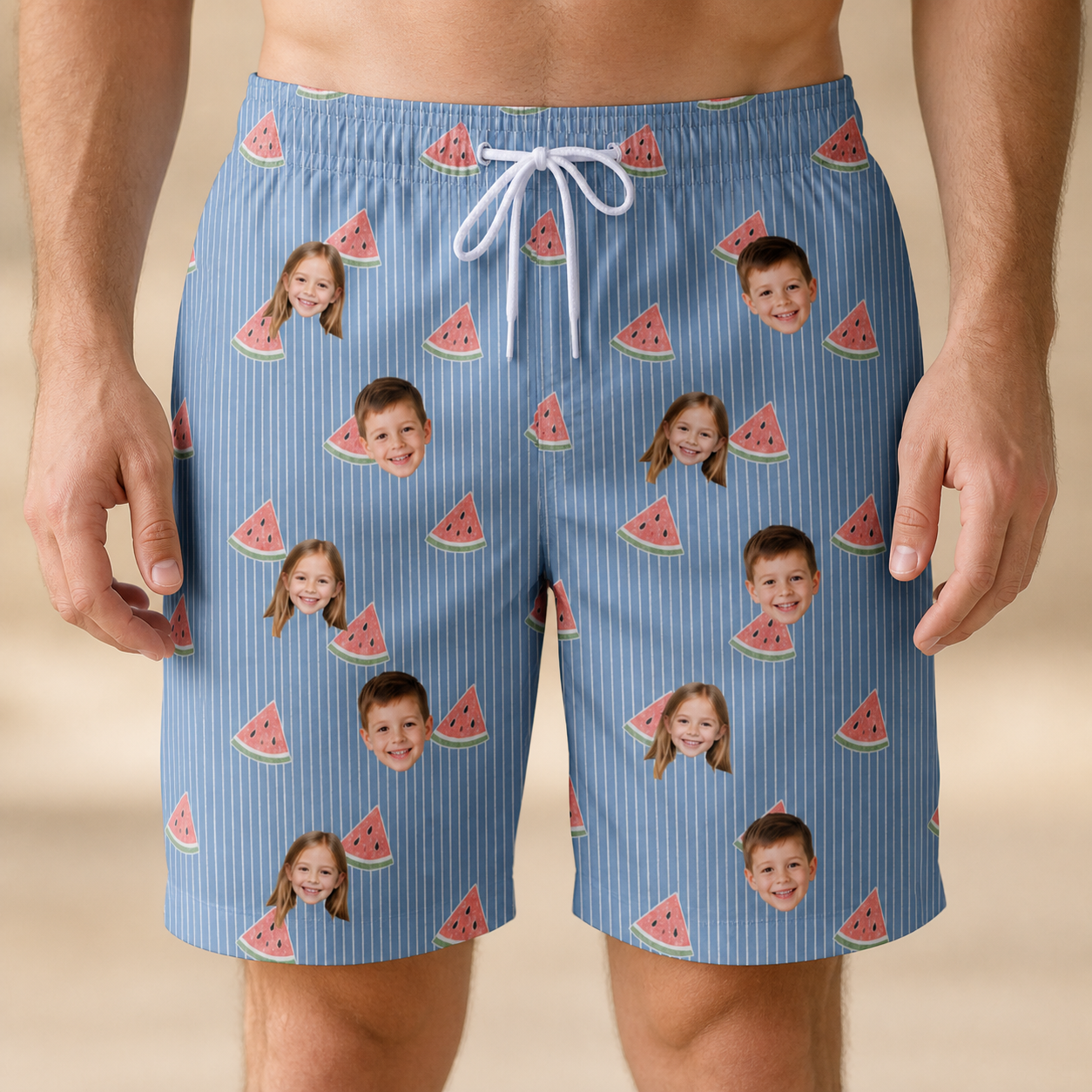 Model wearing Men's Melon Mosaic Custom Face Beach Shorts printed with kids' faces