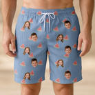 Model wearing Men's Melon Mosaic Custom Face Beach Shorts printed with kids' faces