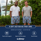 Friends in matching Men's Melon Mosaic Custom Face Beach Shorts — a group gift photo