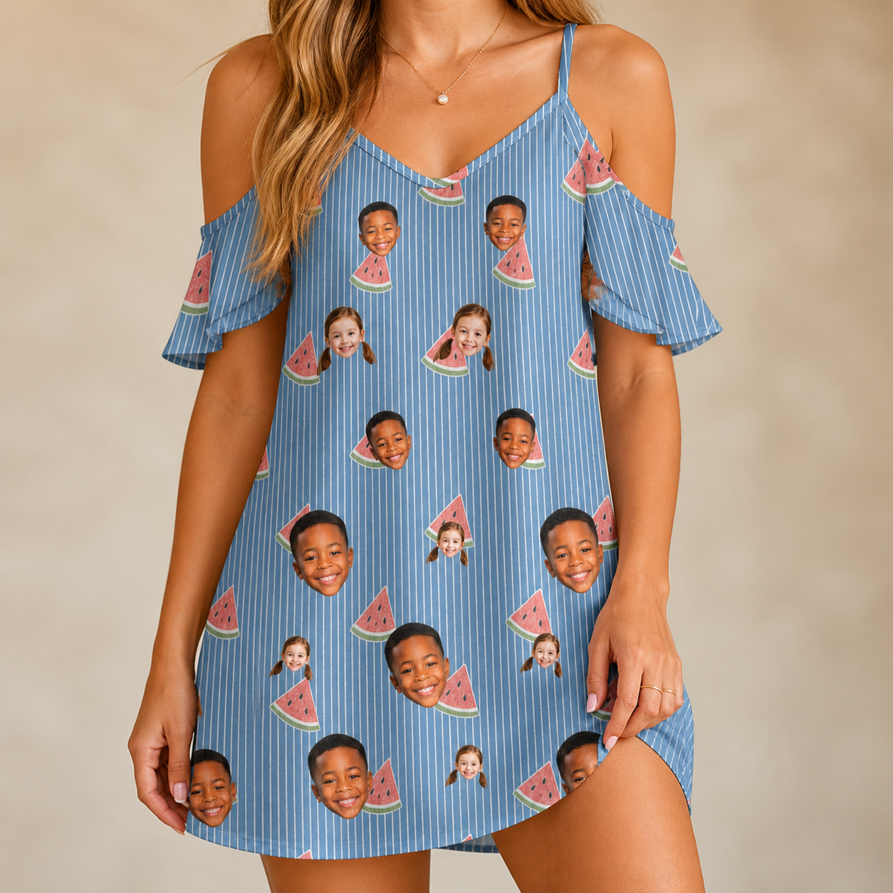 Model wearing Women's Melon Mosaic Custom Face Off-Shoulder Dress printed with kids' faces