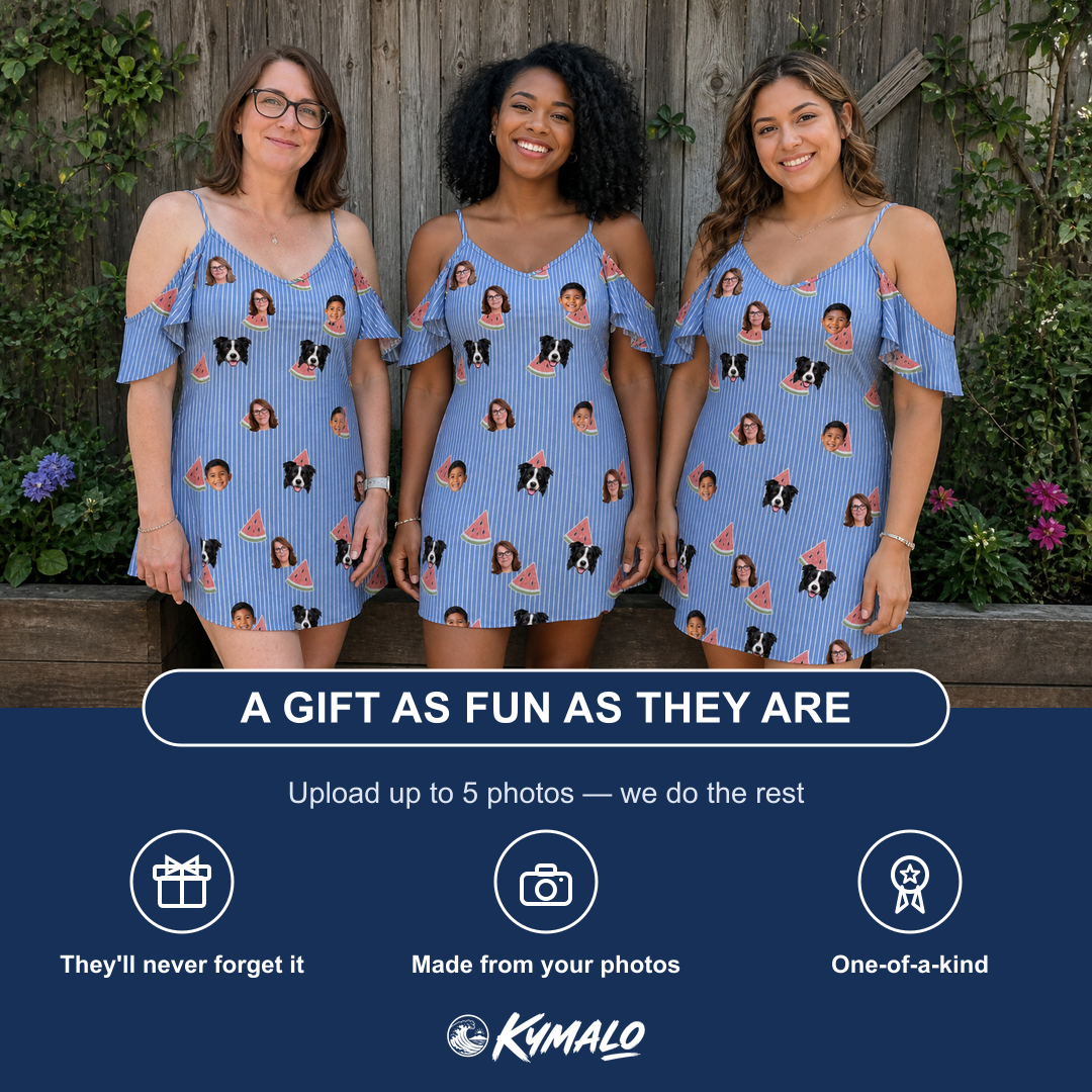 Friends in matching Women's Melon Mosaic Custom Face Off-Shoulder Dress — a group gift photo