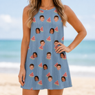 Model wearing Women's Melon Mosaic Custom Face Tank Dress printed with kids' faces