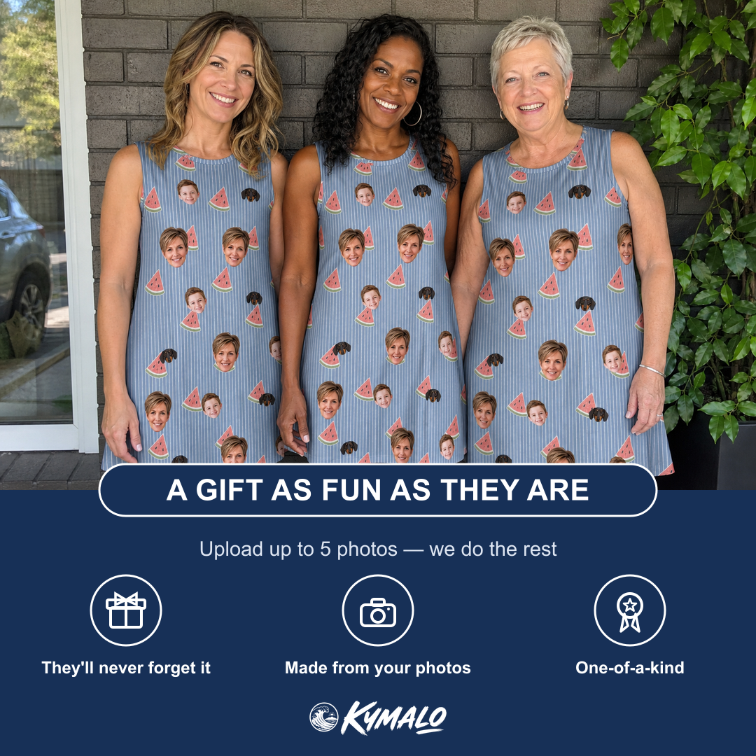 Friends in matching Women's Melon Mosaic Custom Face Tank Dress — a group gift photo
