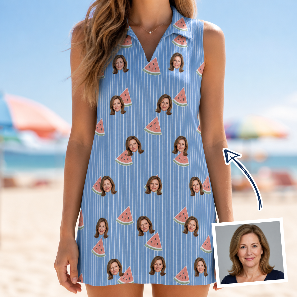 Woman wearing Women's Melon Mosaic Custom Face V-Neck Dress — custom faces printed all-over