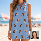 Woman wearing Women's Melon Mosaic Custom Face V-Neck Dress — custom faces printed all-over