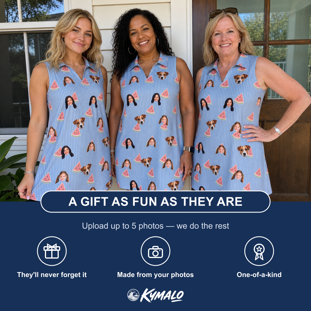 Friends in matching Women's Melon Mosaic Custom Face V-Neck Dress — a group gift photo