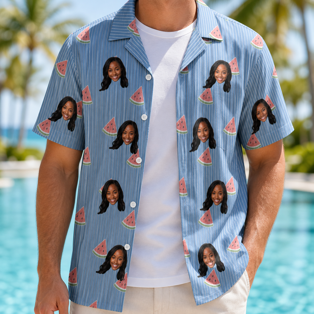Man wearing Men's Melon Mosaic Custom Face Hawaiian Shirt open over a white tee