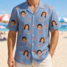 Model wearing Men's Melon Mosaic Custom Face Hawaiian Shirt printed with kids' faces