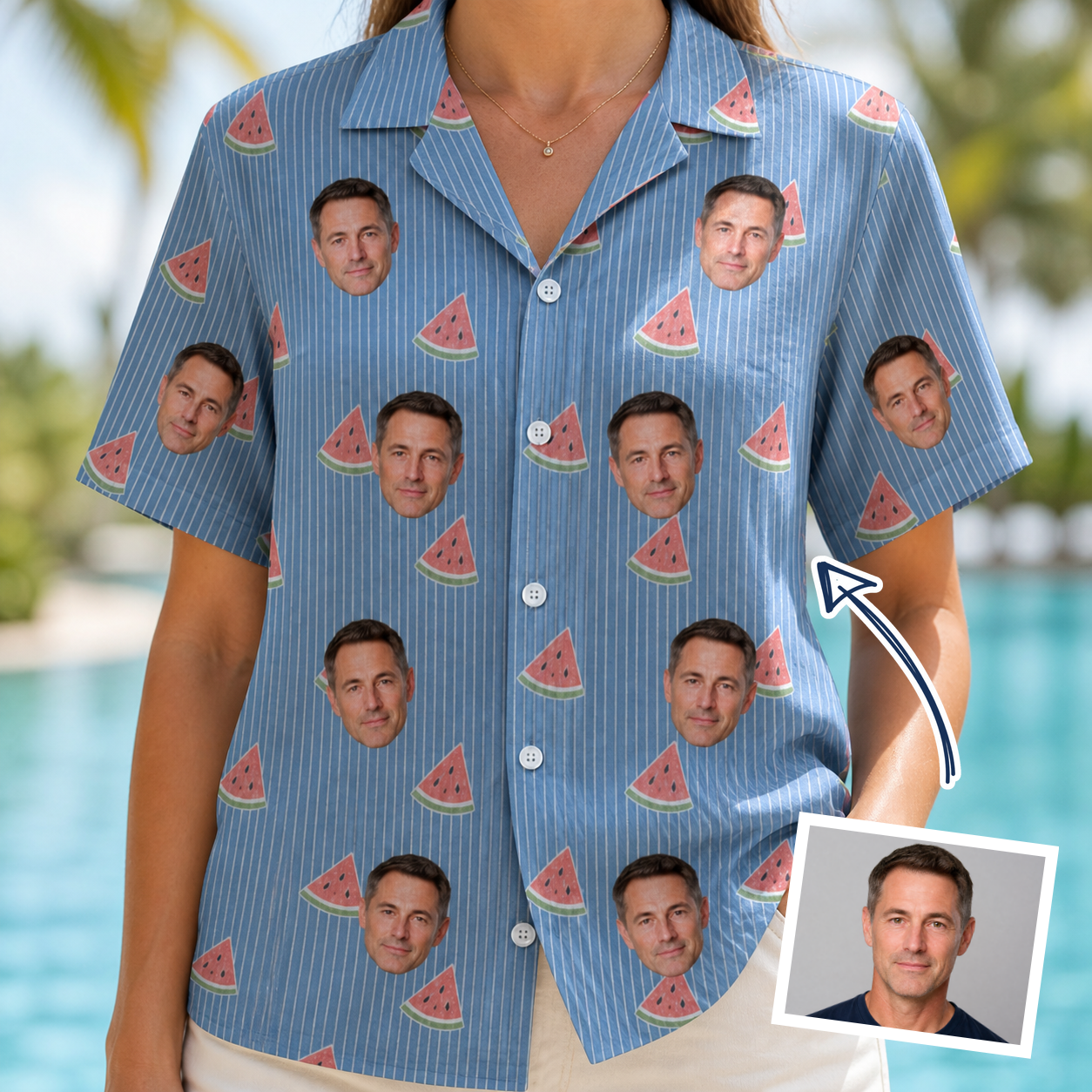 Woman wearing Women's Melon Mosaic Custom Face Hawaiian Shirt — custom faces printed all-over
