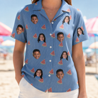 Model wearing Women's Melon Mosaic Custom Face Hawaiian Shirt printed with kids' faces