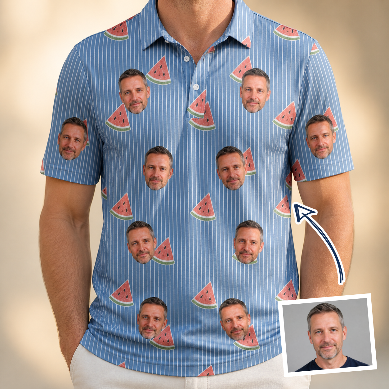 Man wearing Men's Melon Mosaic Custom Face Polo Shirt — custom faces printed all-over