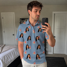 Real-life photo of someone wearing Men's Melon Mosaic Custom Face Polo Shirt — custom faces printed all-over