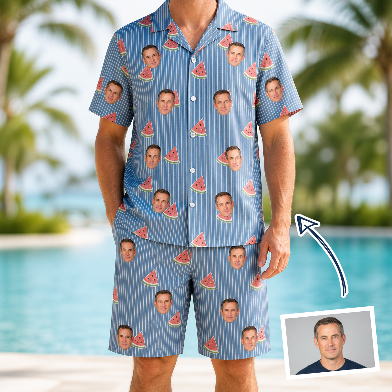 Man wearing Men's Melon Mosaic Custom Face Shirt & Shorts Set — custom faces printed all-over