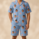 Model wearing Men's Melon Mosaic Custom Face Shirt & Shorts Set printed with kids' faces