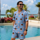 Real-life photo of someone wearing Men's Melon Mosaic Custom Face Shirt & Shorts Set — custom faces printed all-over