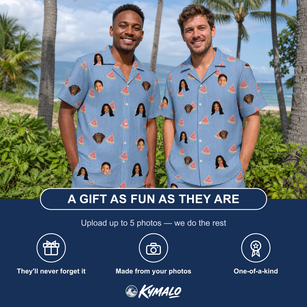 Friends in matching Men's Melon Mosaic Custom Face Shirt & Shorts Set — a group gift photo