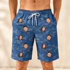 Model wearing Men's Finny Business Custom Face Beach Shorts printed with kids' faces