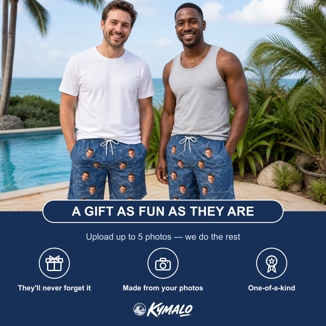 Friends in matching Men's Finny Business Custom Face Beach Shorts — a group gift photo