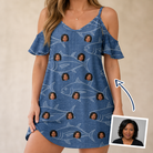 Woman wearing Women's Finny Business Custom Face Off-Shoulder Dress — custom faces printed all-over