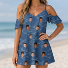 Model wearing Women's Finny Business Custom Face Off-Shoulder Dress printed with kids' faces