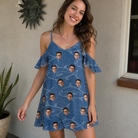 Real-life photo of someone wearing Women's Finny Business Custom Face Off-Shoulder Dress — custom faces printed all-over