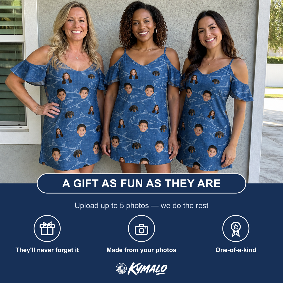 Friends in matching Women's Finny Business Custom Face Off-Shoulder Dress — a group gift photo