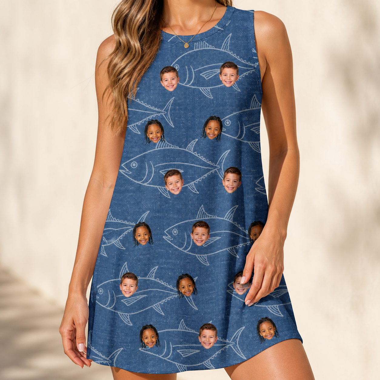 Model wearing Women's Finny Business Custom Face Tank Dress printed with kids' faces